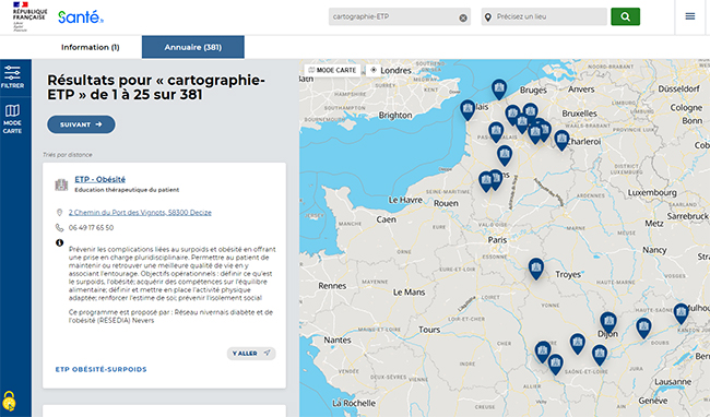 capture d'écran de la cartographie sur santé.fr